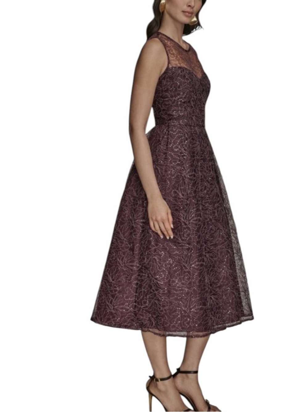 Donna Karan New York Plum Lace Sequin Formal Midi Cocktail Dress size 14 NWT